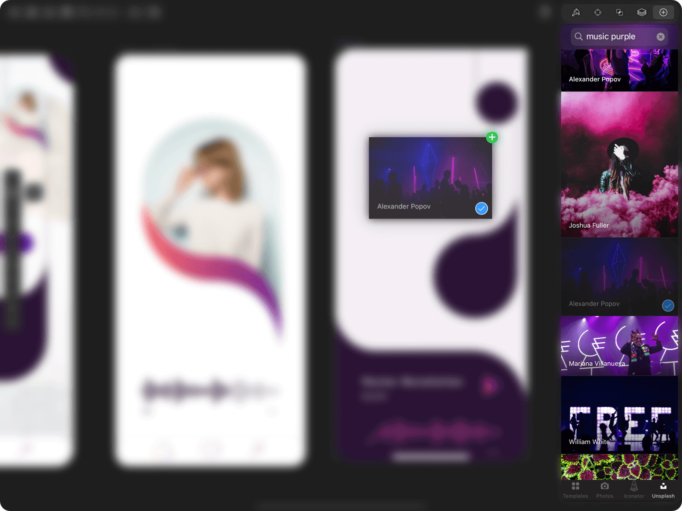 Blurry smartphone interface with music app screens, featuring user profiles and playlists