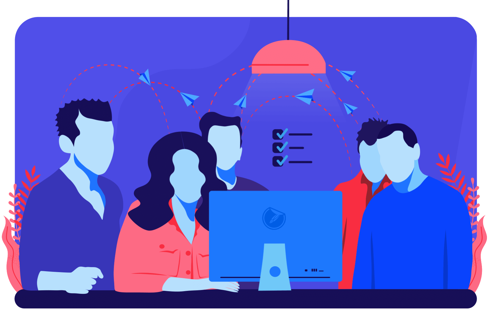 Illustration of five people collaborating at a computer