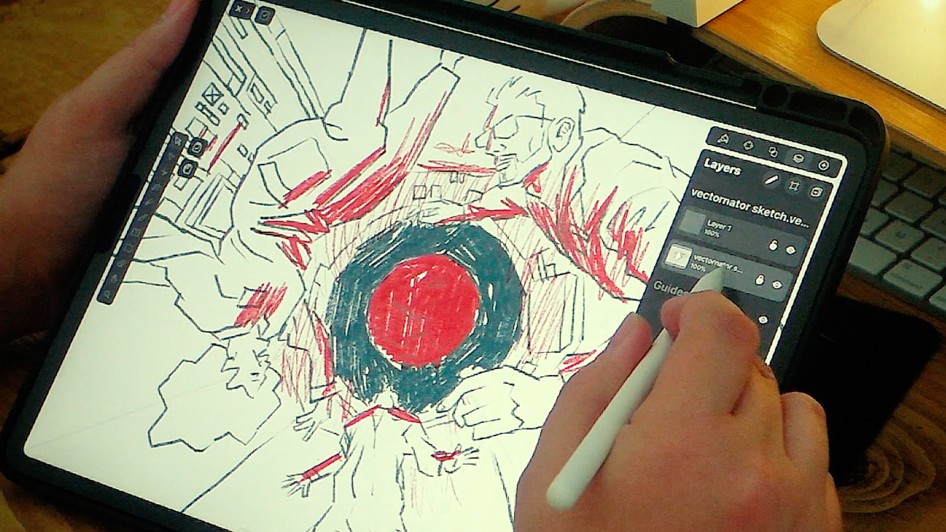 Hand drawing on a tablet with stylus