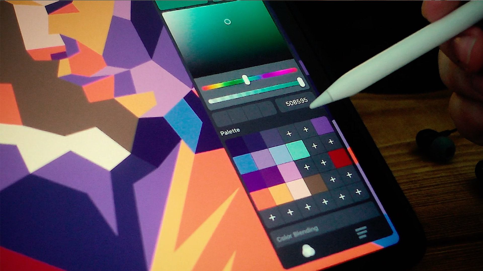 Stylus selecting colors on a digital art tablet