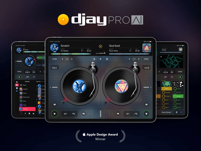 Screens of djay Pro AI app across different devices, highlighting its Apple Design Award