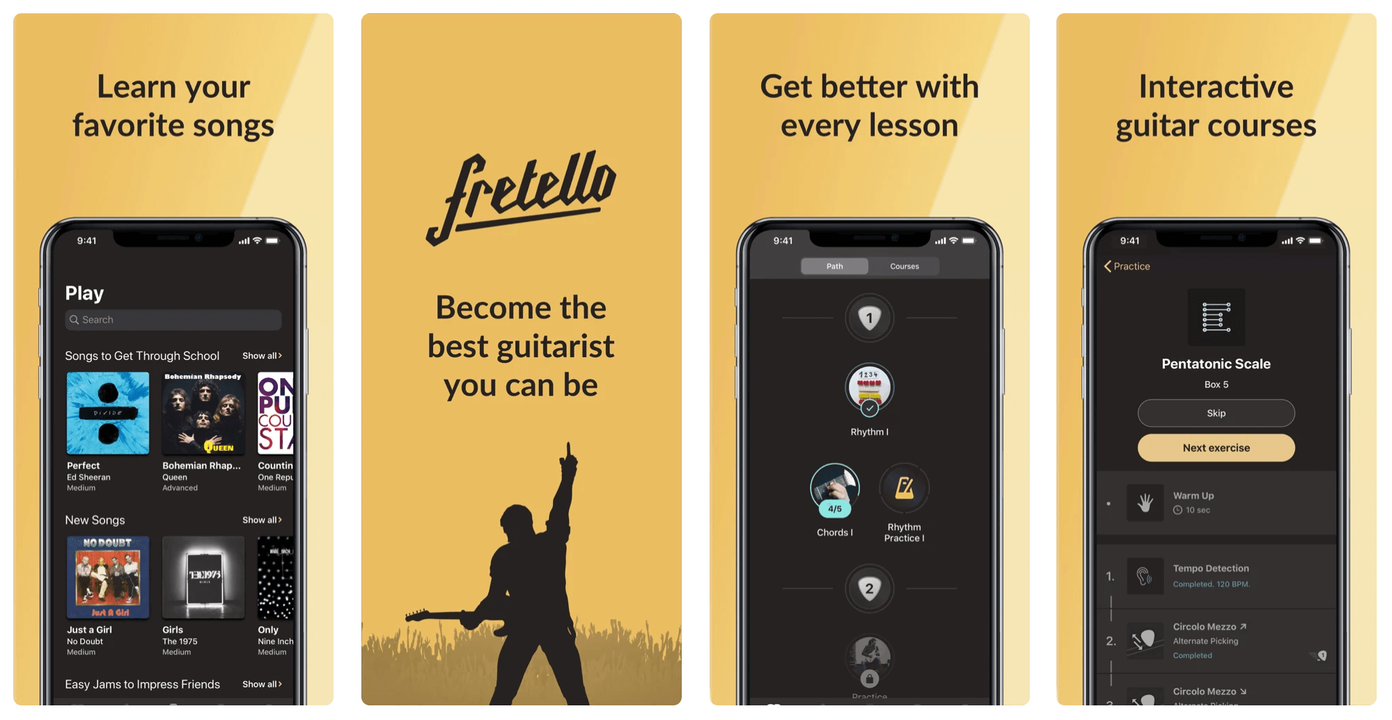 Four smartphones showcasing different features of a guitar learning app called 'Fretello'