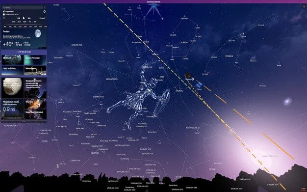 Astronomy software interface displaying constellations and celestial navigation details