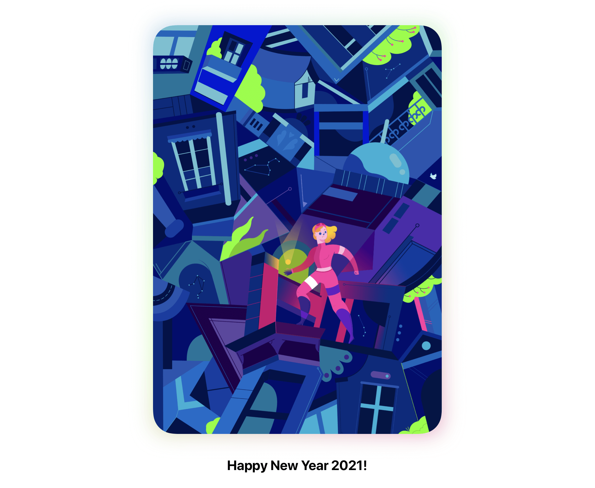 Abstract New Year 2021 greeting card with colorful illustrations