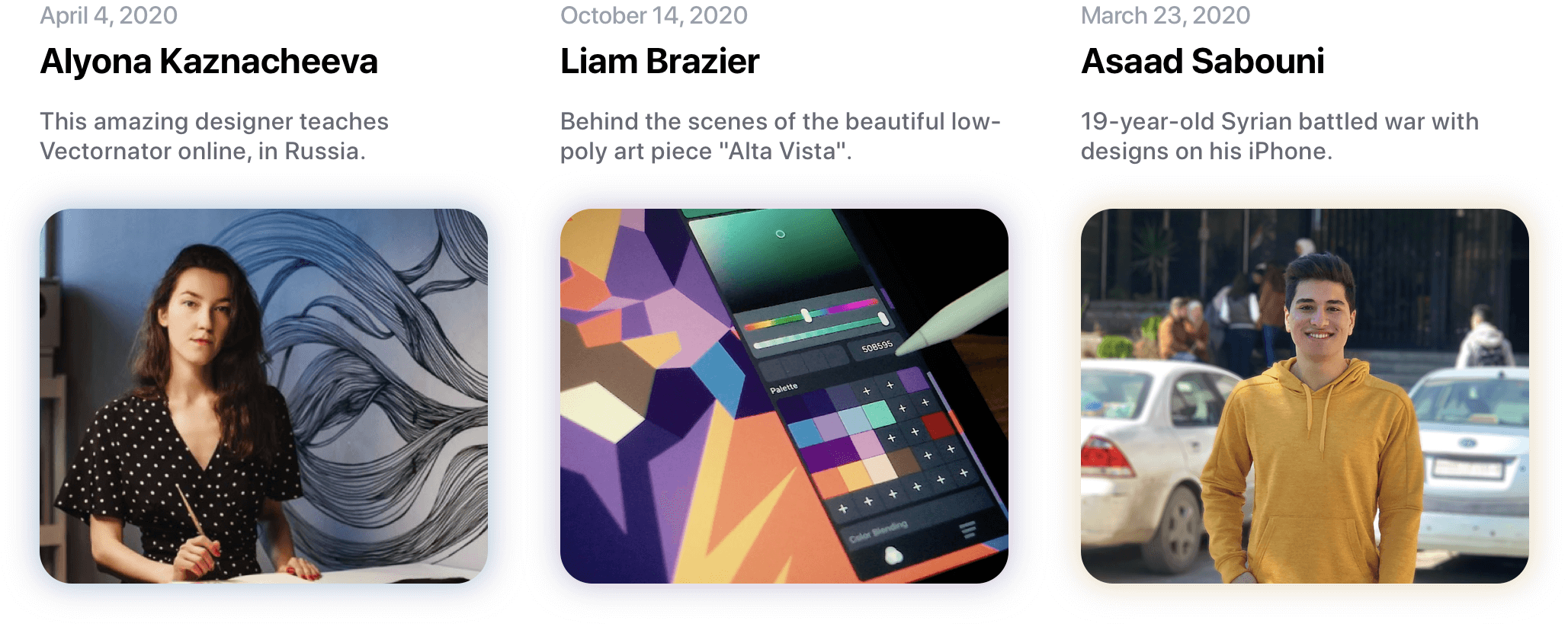 Three featured profiles of designers with their works and descriptions