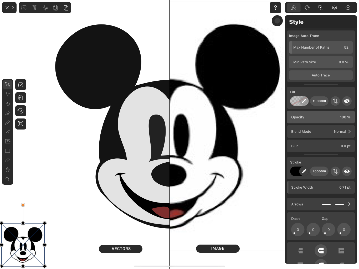 Graphic design interface with a stylized cartoon mouse character in vector and image formats