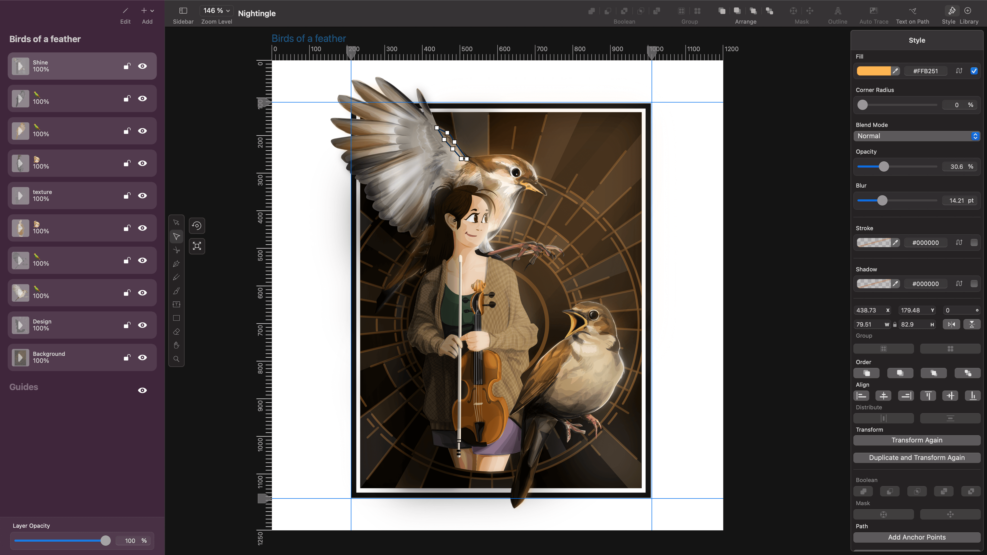 Graphic design software screenshot featuring an illustration of a person with birds