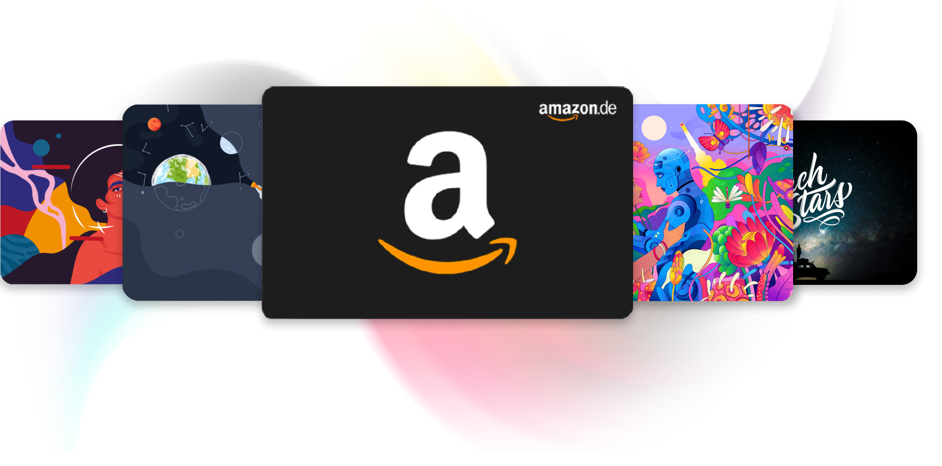 A digital illustration of various artistic and futuristic themed graphics alongside an Amazon.de logo