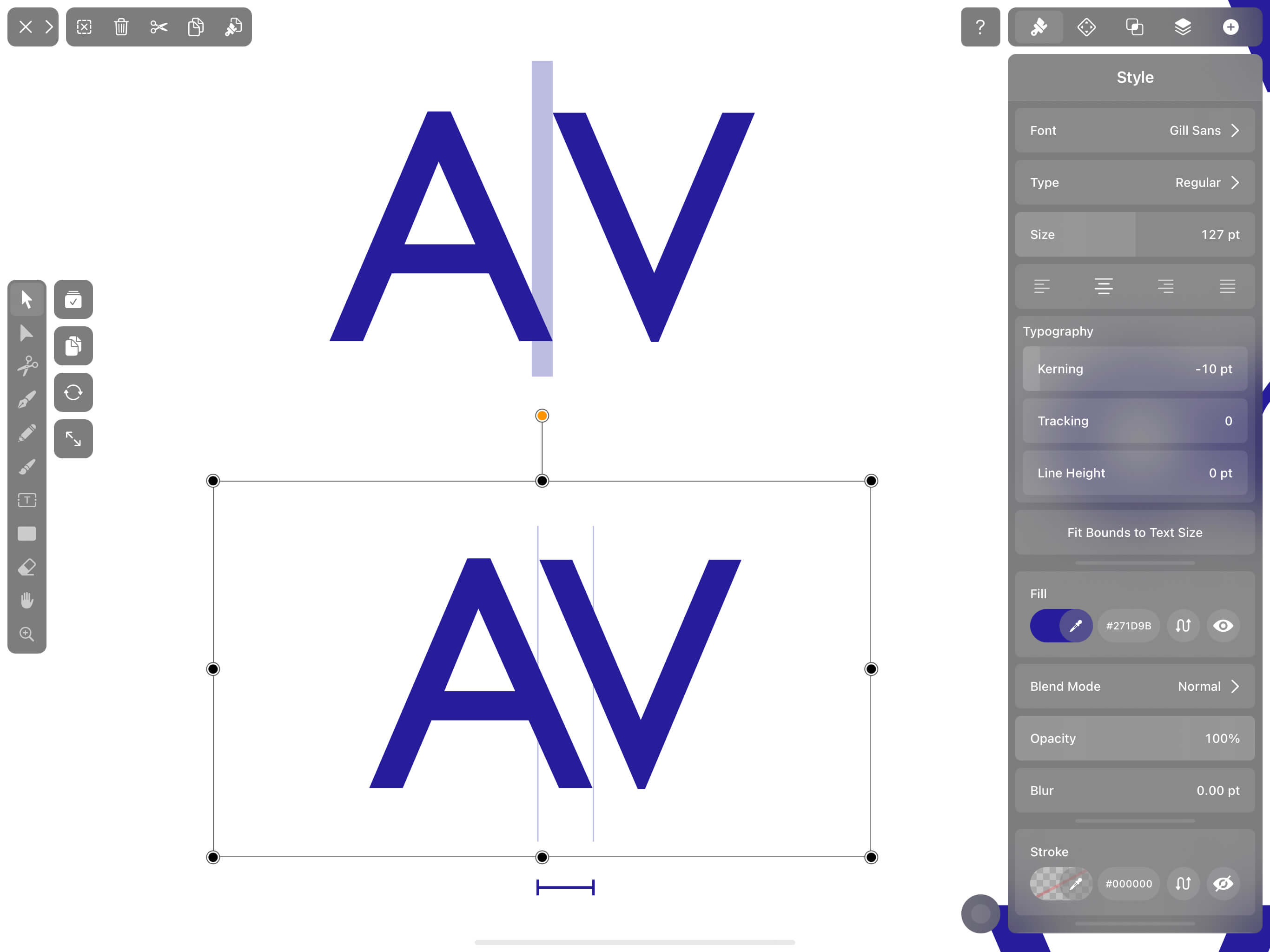the kerning pair A and V