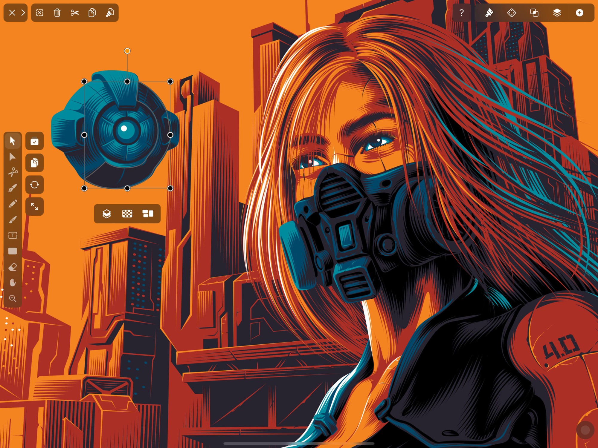 Digital illustration of a woman with a gas mask in a futuristic city setting