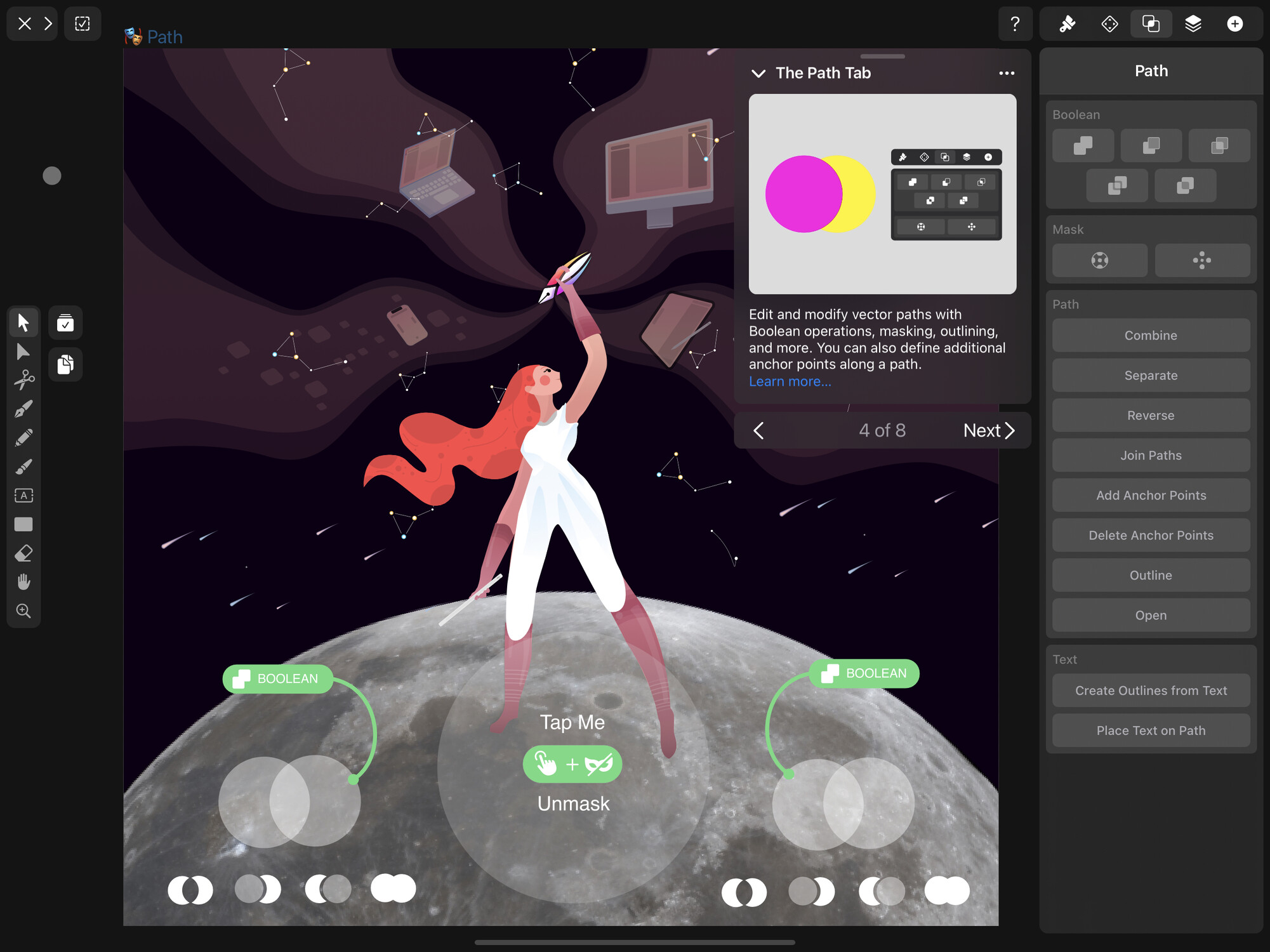 Digital illustration of a person on the moon with graphic design interface elements