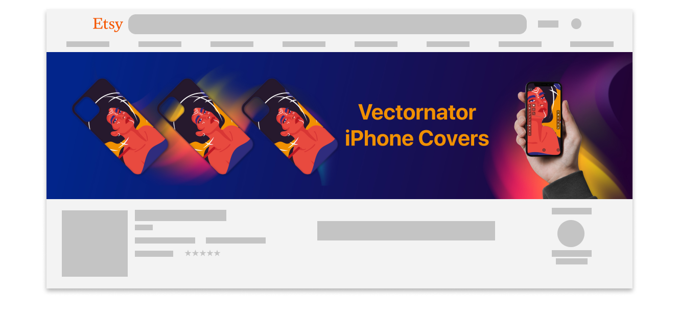 Etsy webpage mockup showcasing 'Vectornator iPhone Covers'