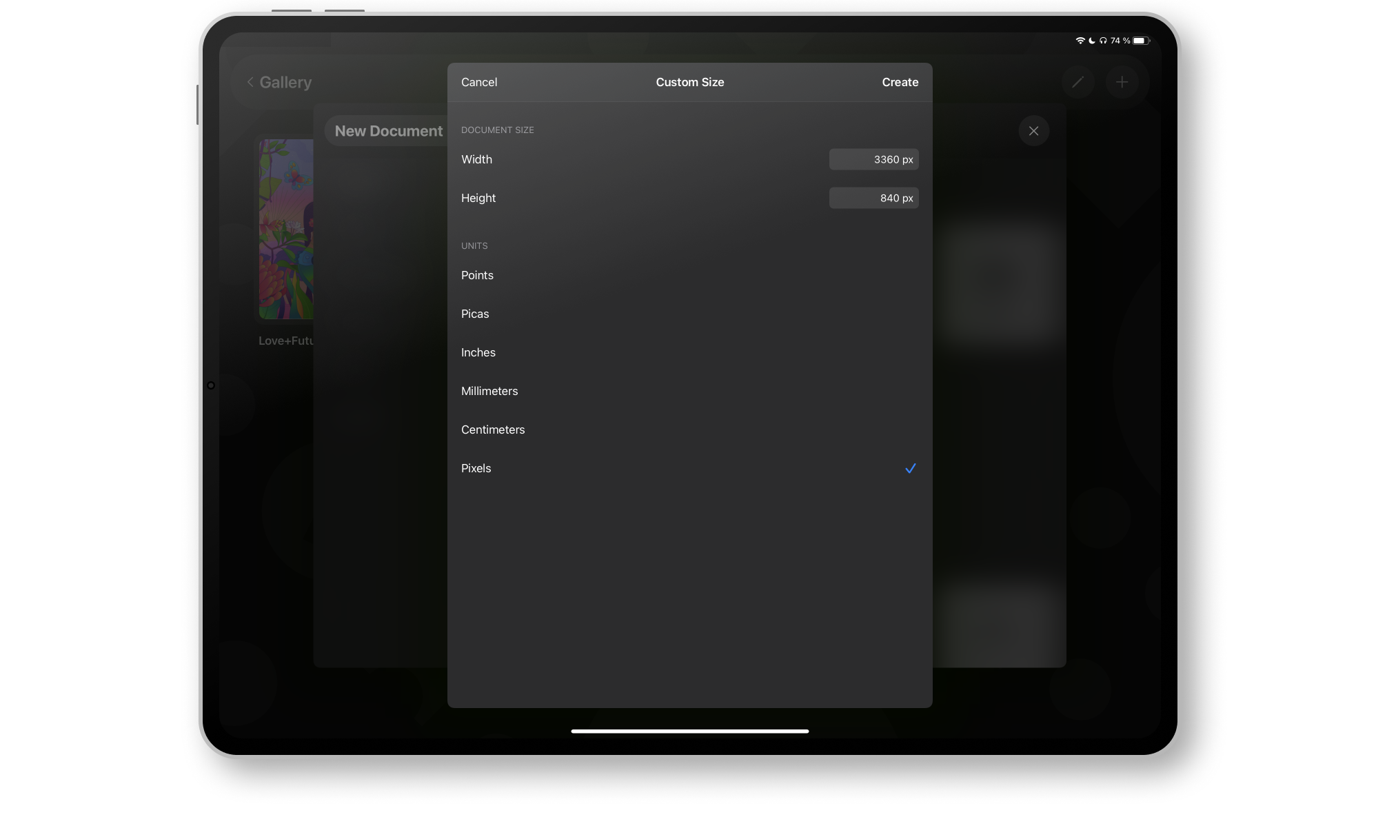 Tablet screen displaying a new document creation menu with custom size options