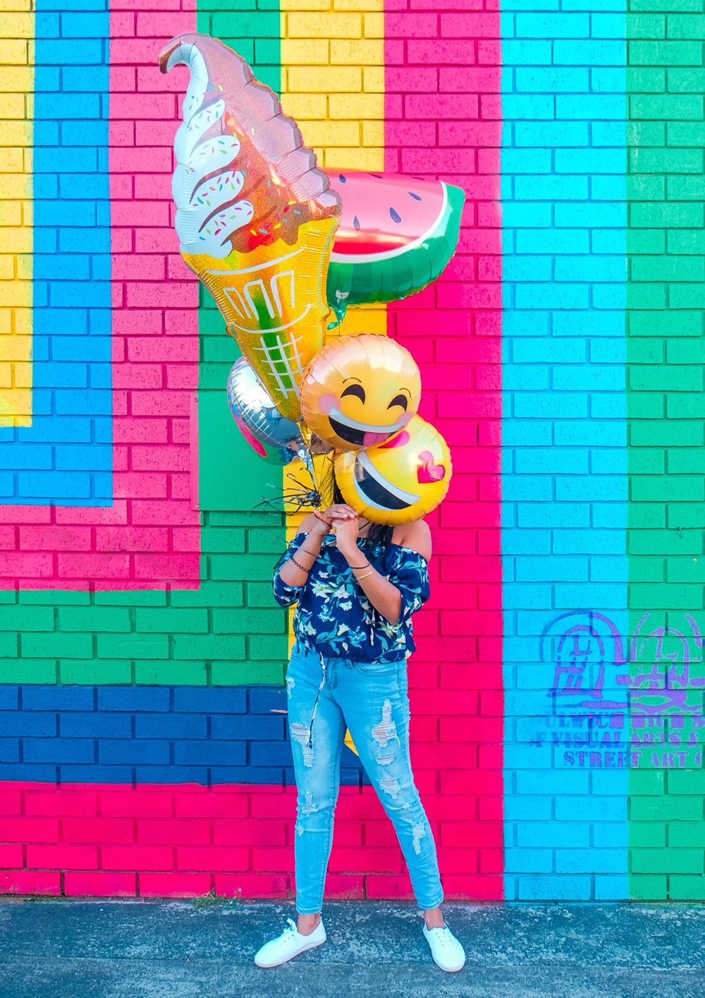 Girl With Balloons Colorful Brick Background