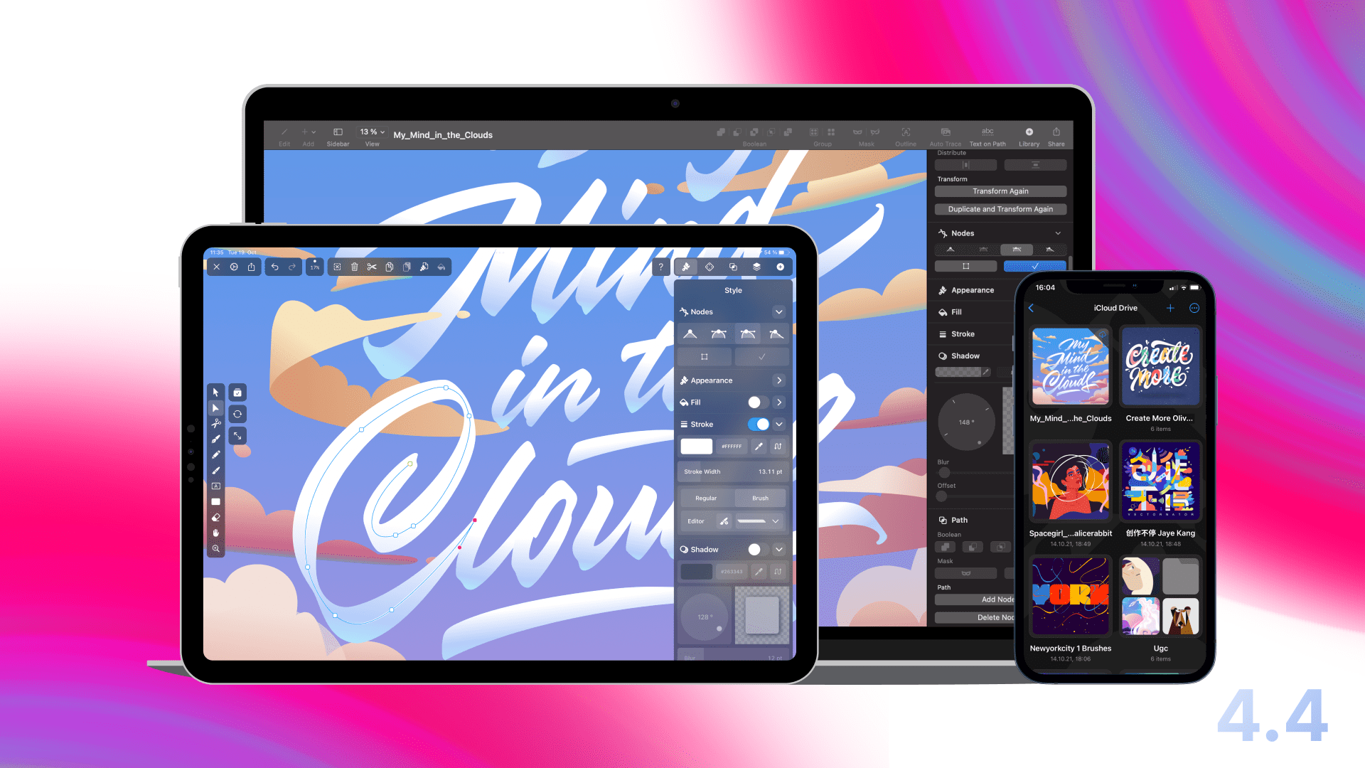 An iPad, iPhone, and Mac showing the new Vectornator 4.4 updates