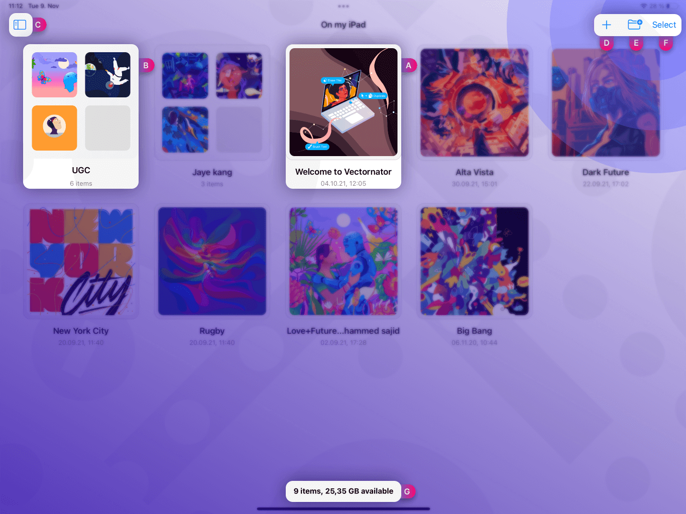 iPad Screen Document gallery for Vectornator
