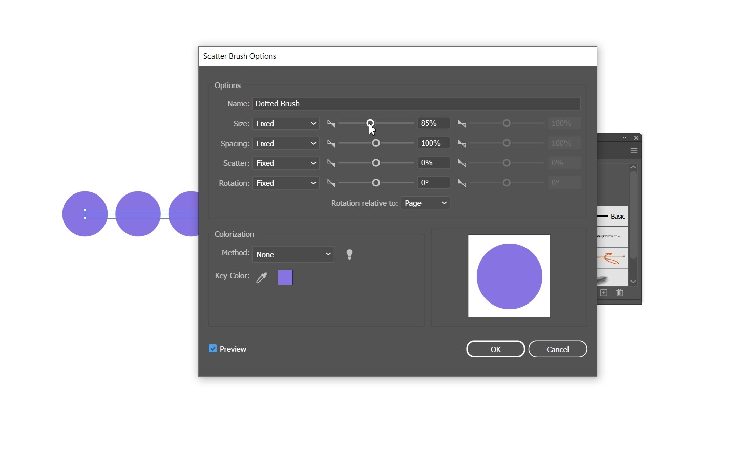 scatter brush option menu for doted line on illustrator