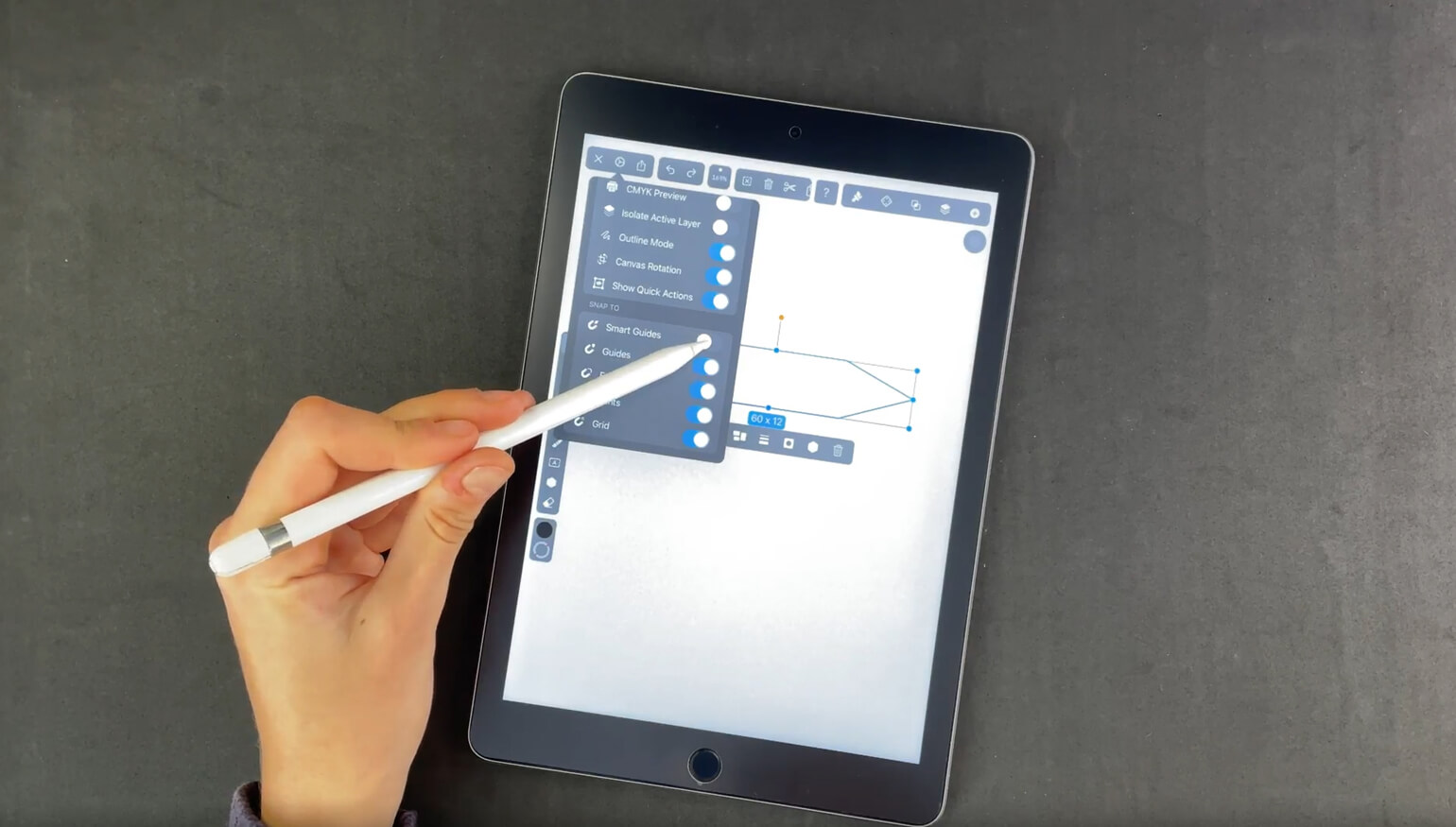 Stylus selecting an option on a tablet screen with a graphic interface