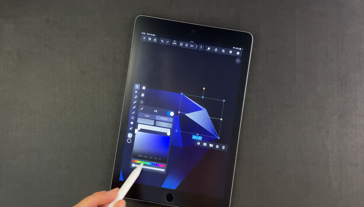 Stylus adjusting color settings of a diamond graphic on a tablet