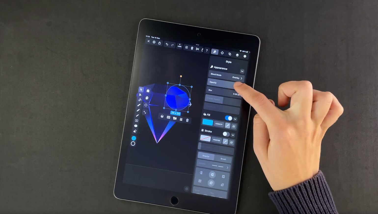 Hand interacting with a graphics editing menu on a tablet screen