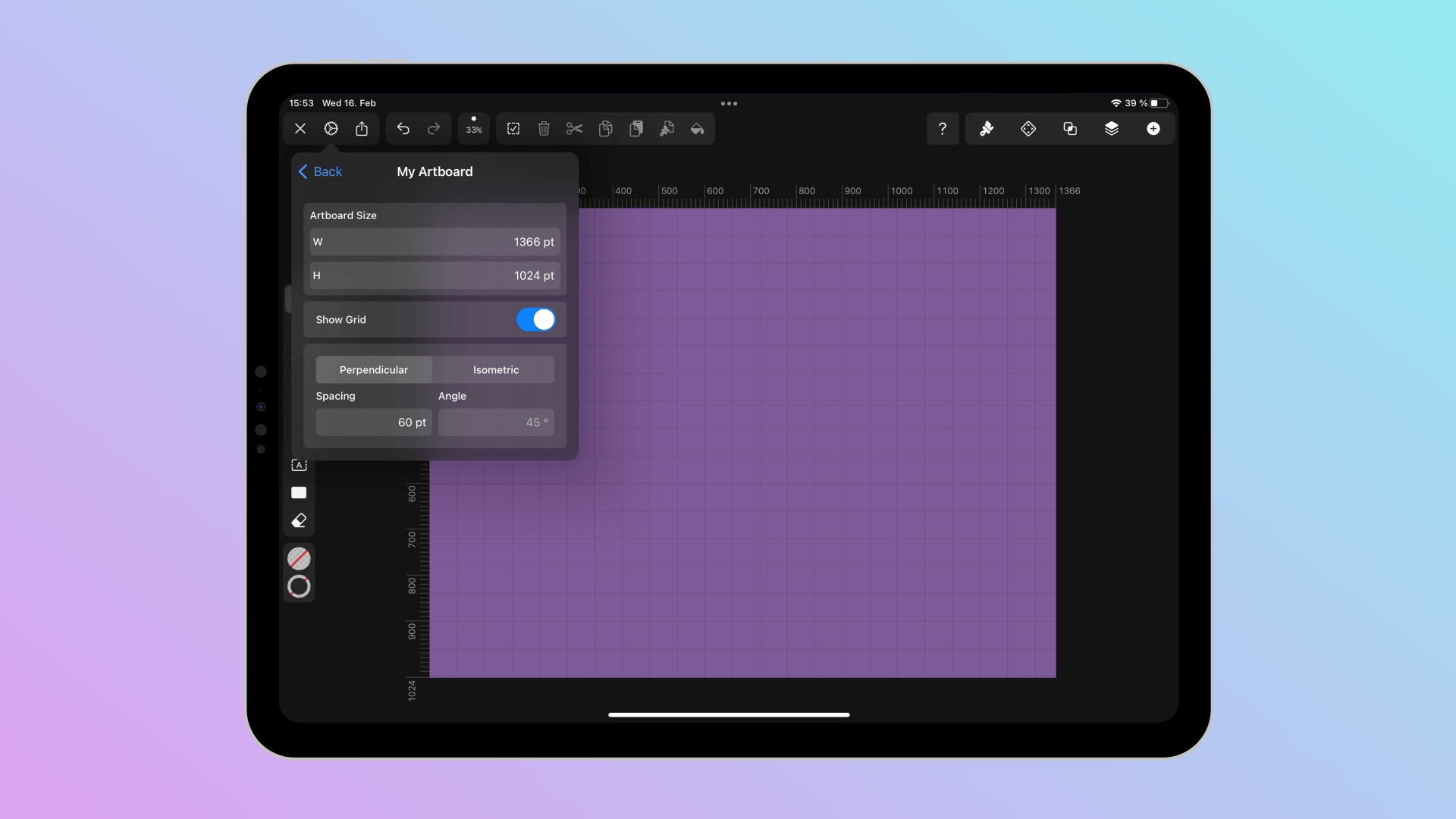 Setting up a canvas in Linearity Curve (formerly Vectornator) on iPad