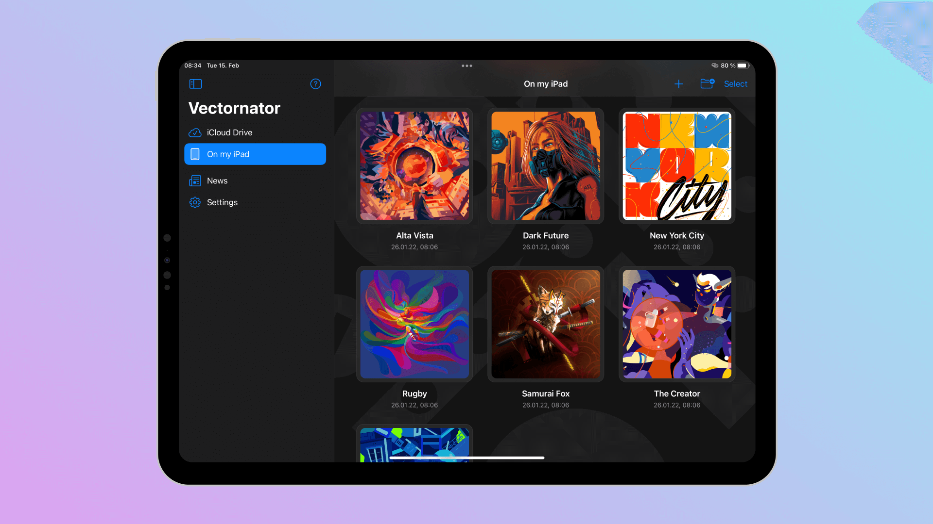 Vectornator homescreen in iPad