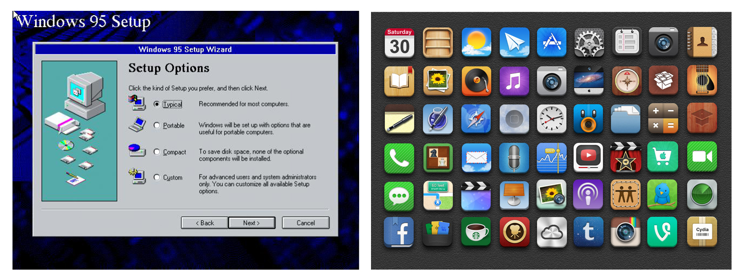 Windows 95 Setup screen, Apple skeuomorphic Homescreen icons