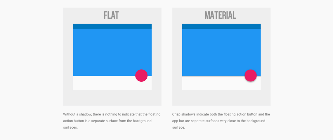 Comparison Flat Design card and Material Design card blue background with red dot