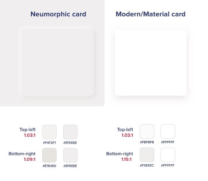 White Neuomorphic card and white Material/Modern card with Hex color codes