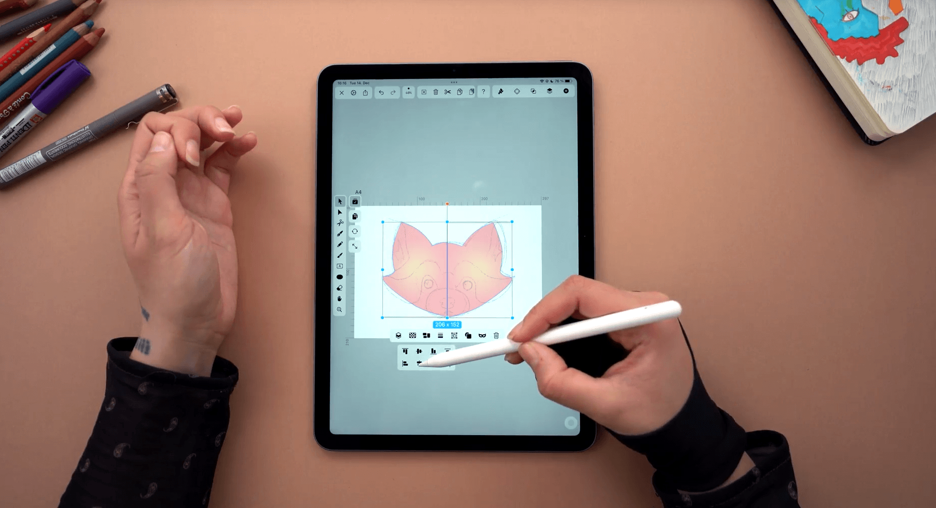 Symmetrical red panda face drawing on iPad