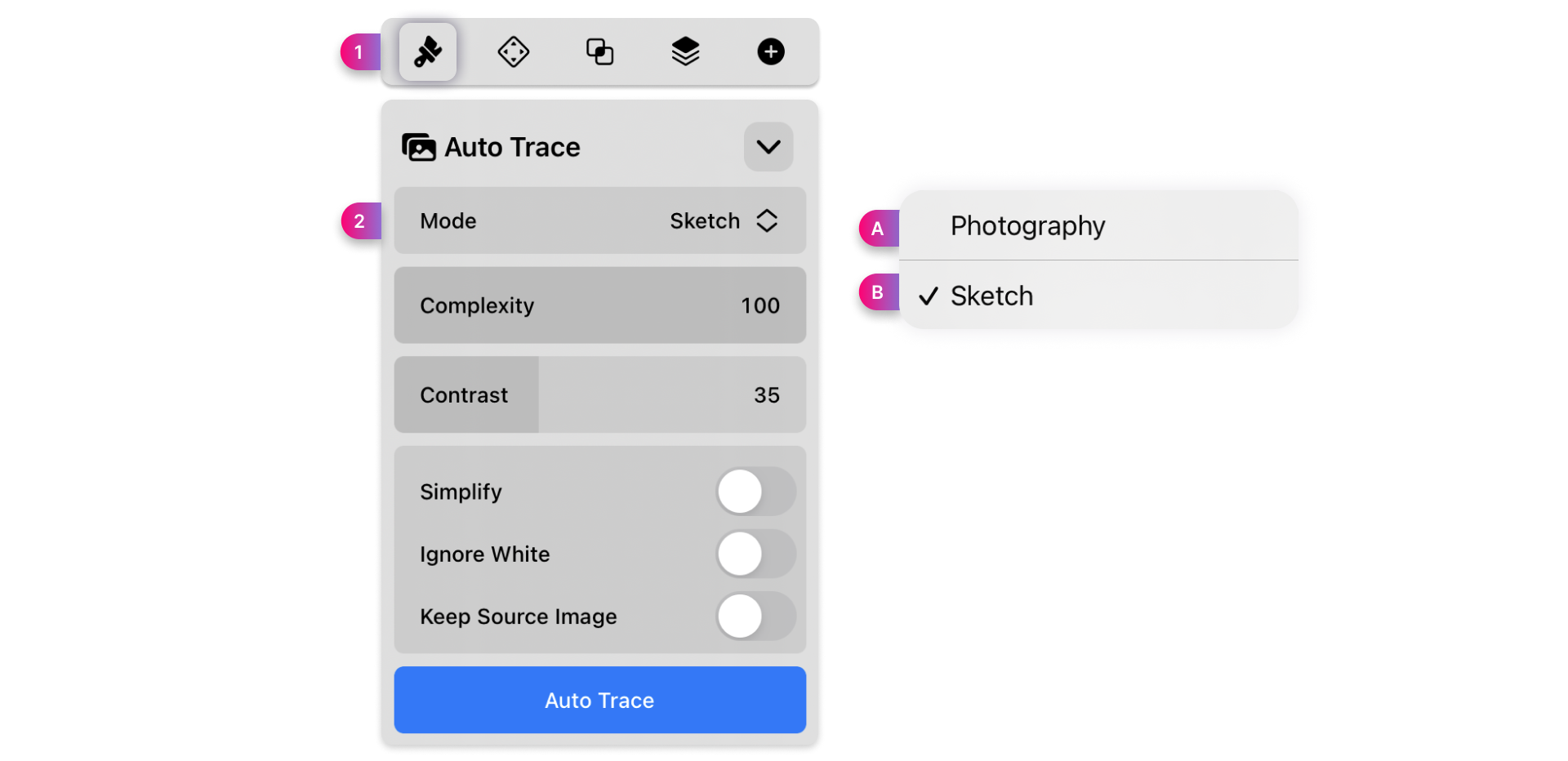 auto trace sketch and photography panel in vectornator