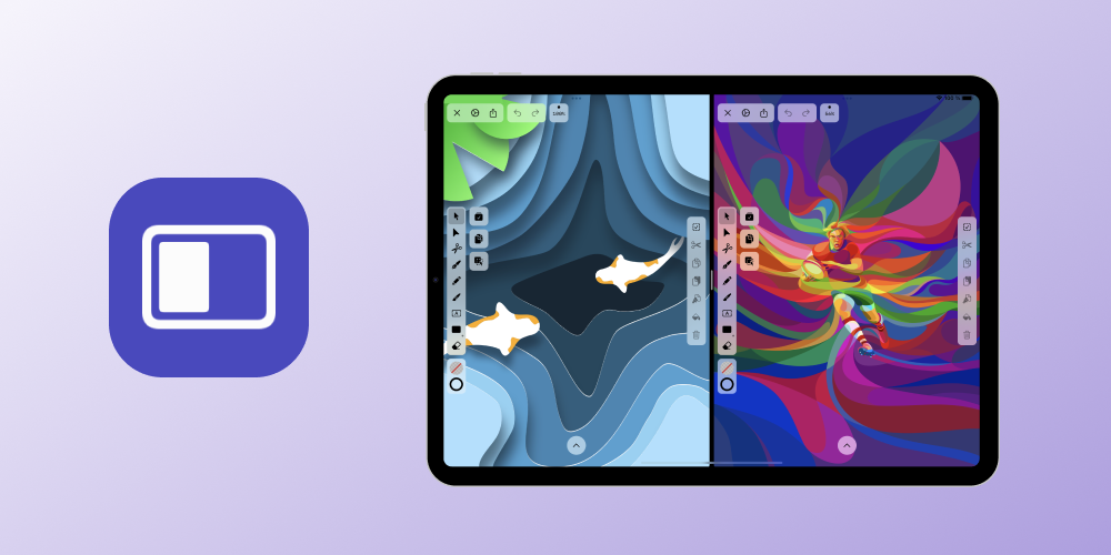 iPad screen with a split view with two colourful artworks