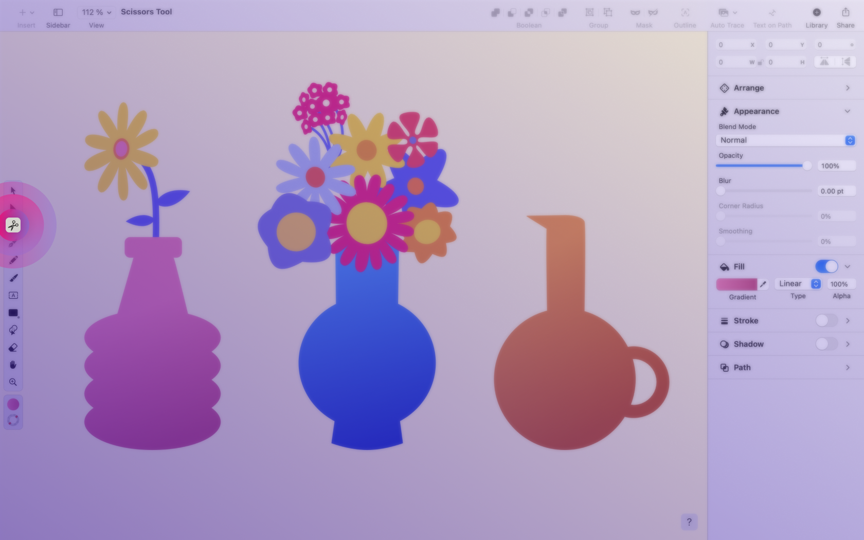 Screenshot design UI with flowers and vases on the canvas