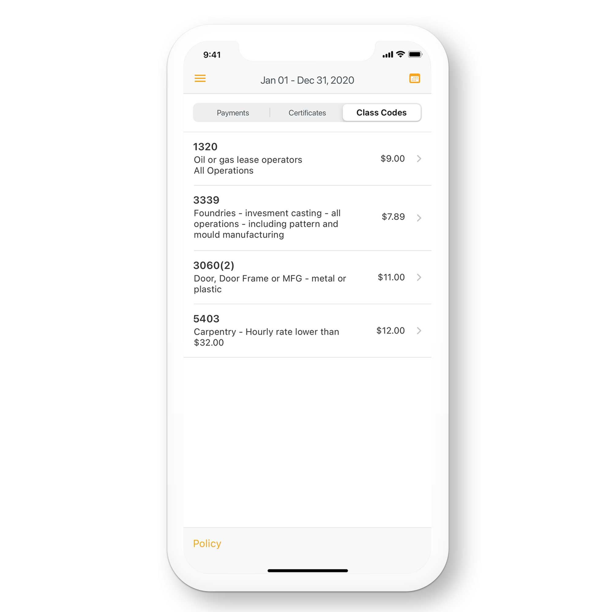 Contractor class code mobile preview.