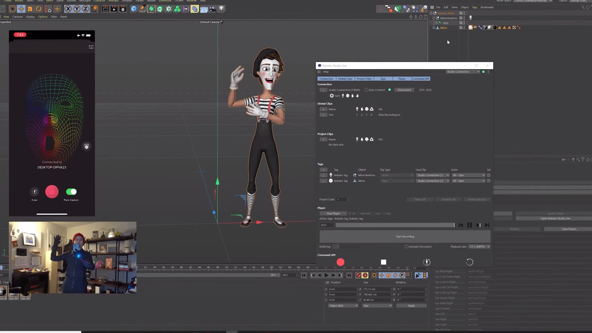 Rokoko character Bruno the Mime animated in real-time in Cinema 4D with Motion Capture