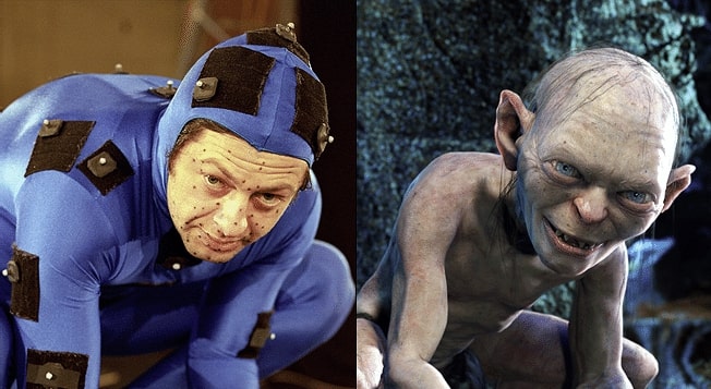 Andy Serkis in a motion capture suit acting as Gollum