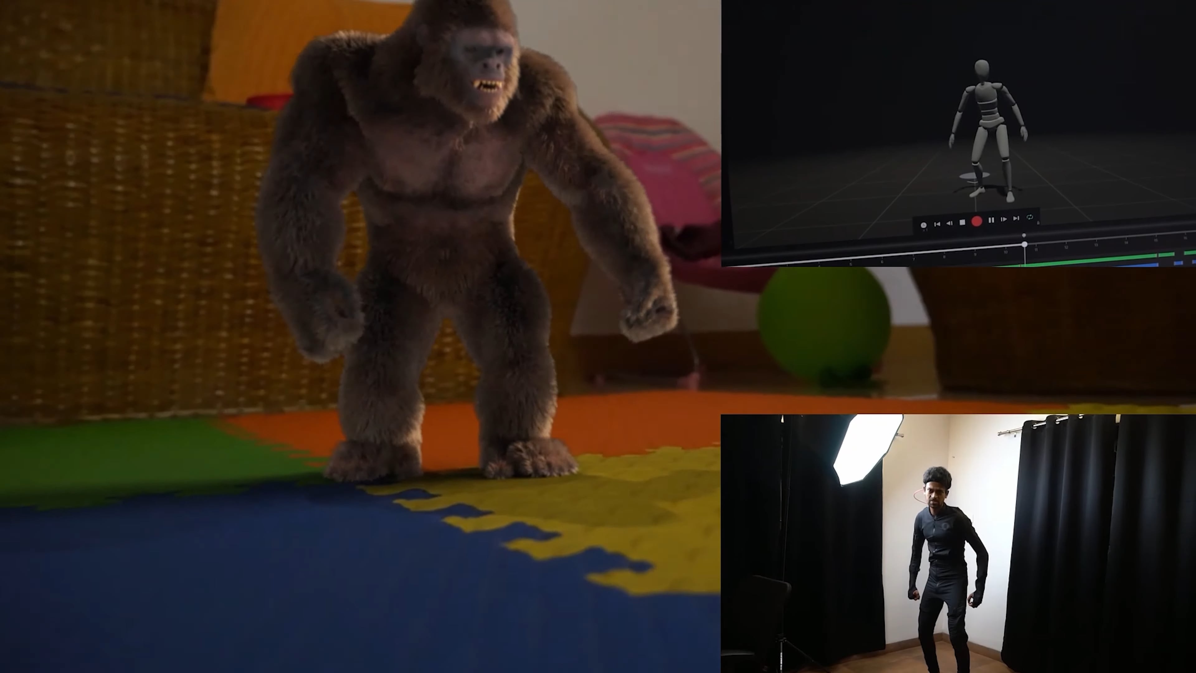 Shutter Authority real-time motion capture side by side for 3D animation of a gorilla