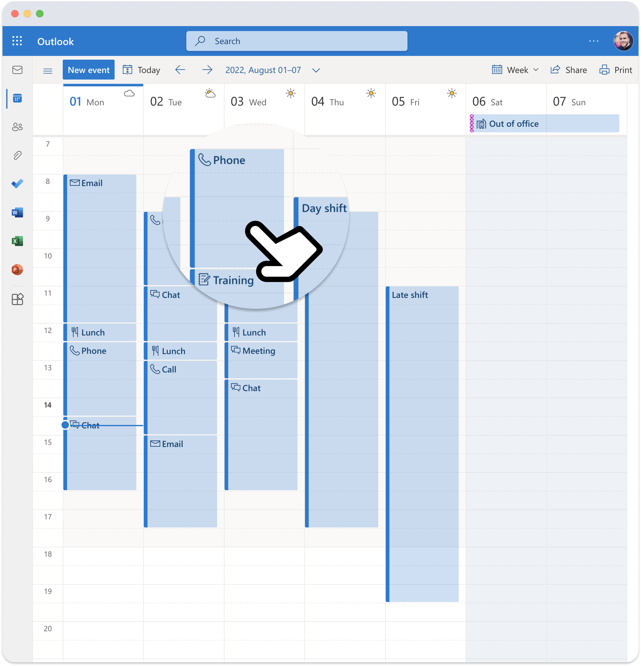 Outlook Calendar view synced with Soon shifts, activities, and leave