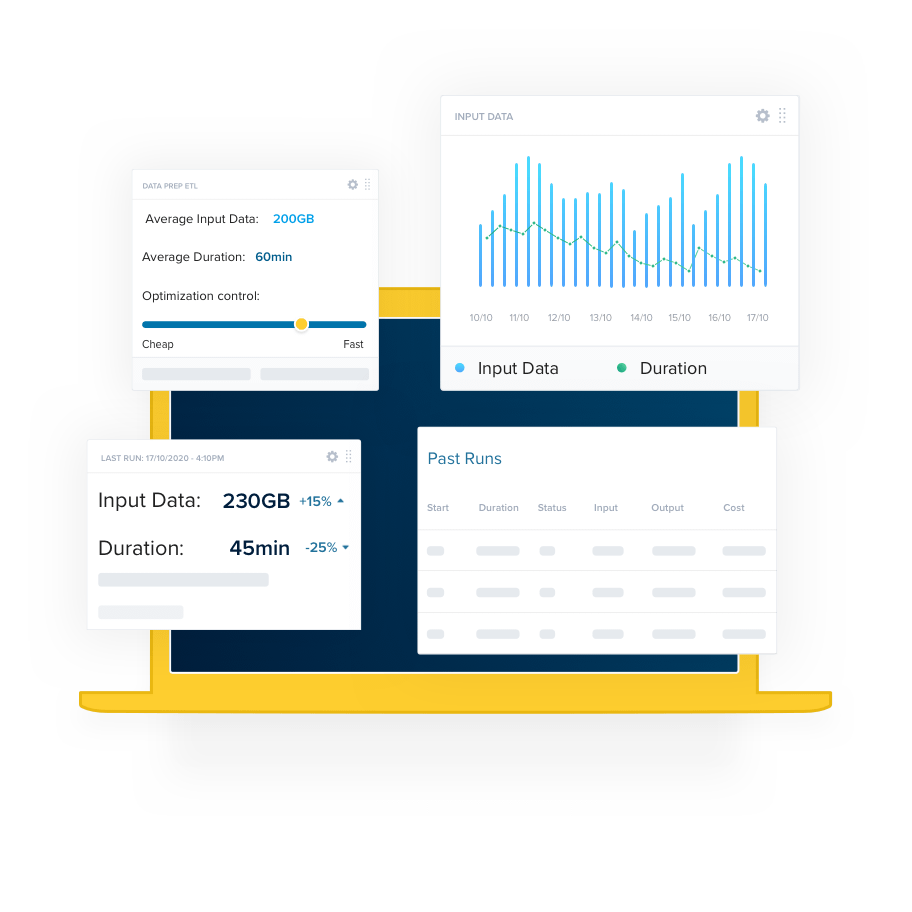 An illustration with a laptop and a dashboard showing a Spark application metrics over time.