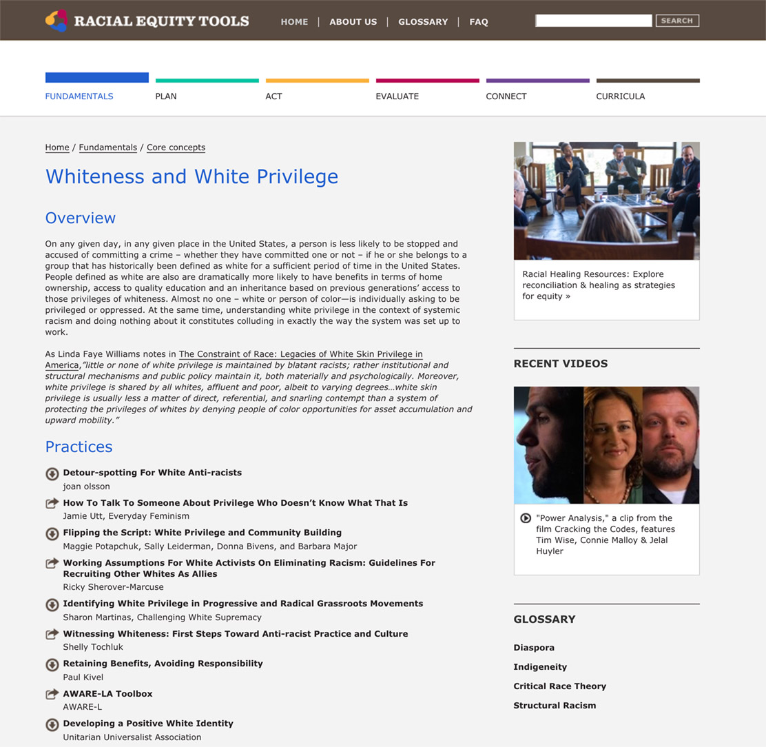 Racial Equity Tools’ Whiteness and White Privilege Section Equity Toolkit