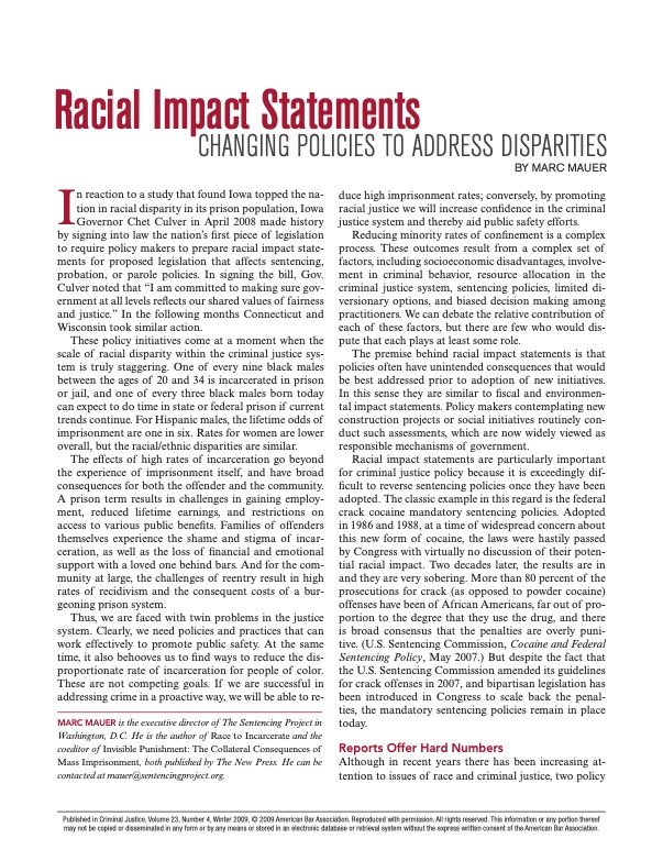 Racial Impact Statements Changing Policies to Address Disparities