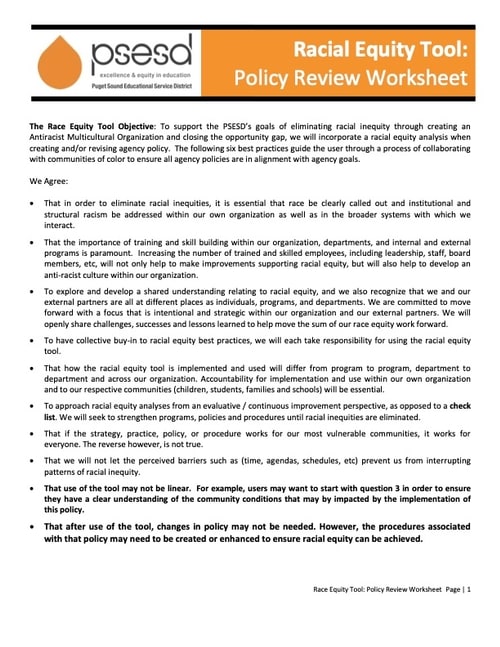 Racial Equity Tool Policy Review Worksheet Equity Toolkit