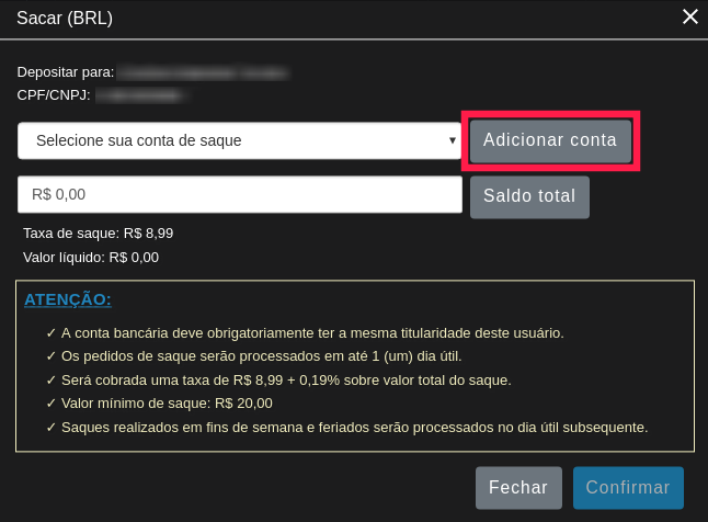 Adicionando conta bancária para saque Coinext