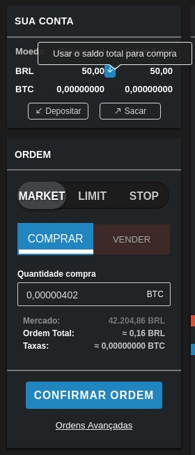 Interface plataforma Coinext - Usar saldo total