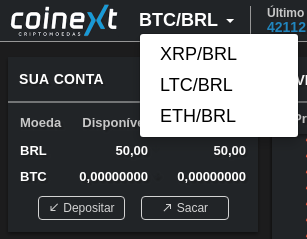 Interface plataforma Coinext - Moedas