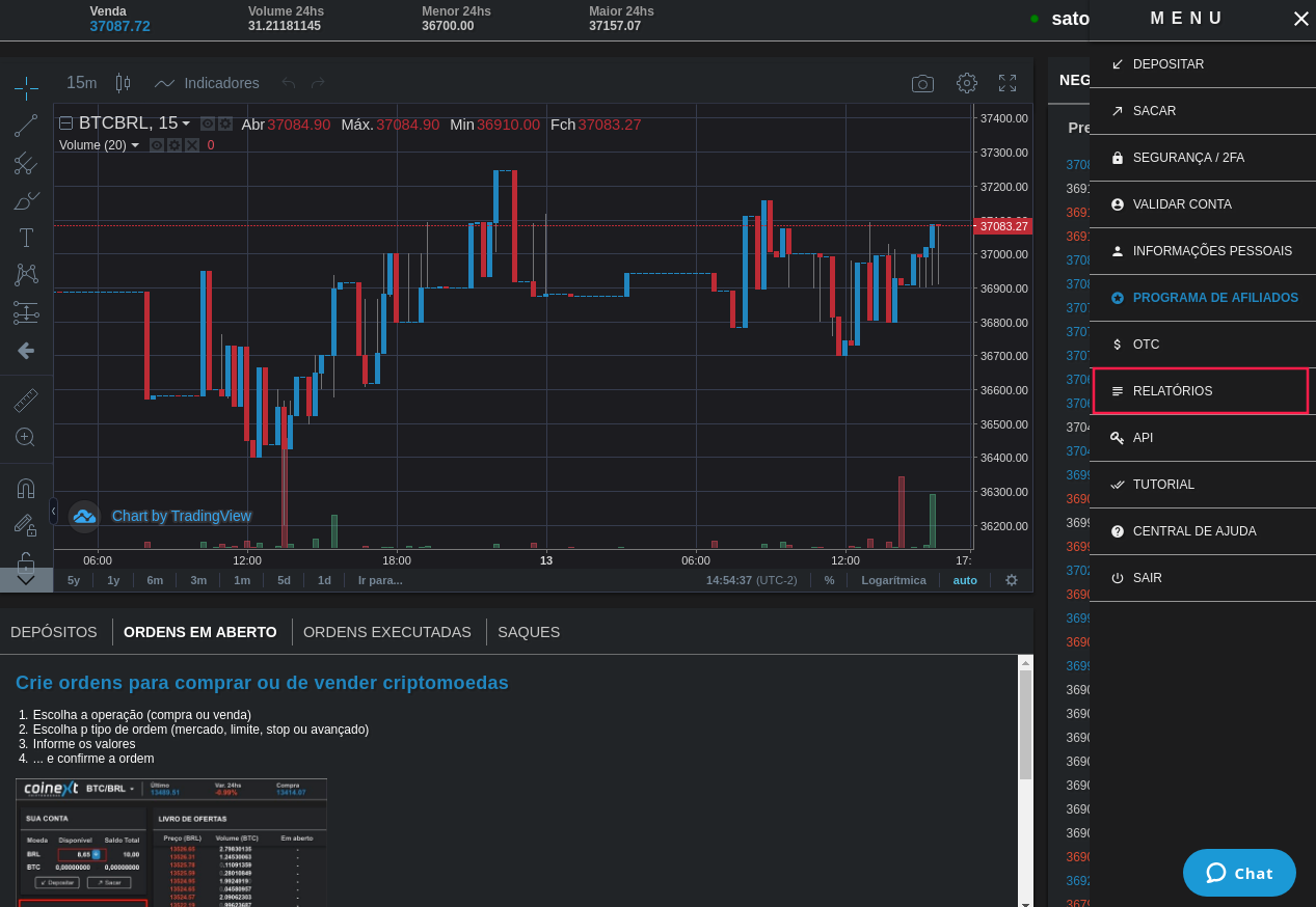 Interface plataforma Coinext - relatórios