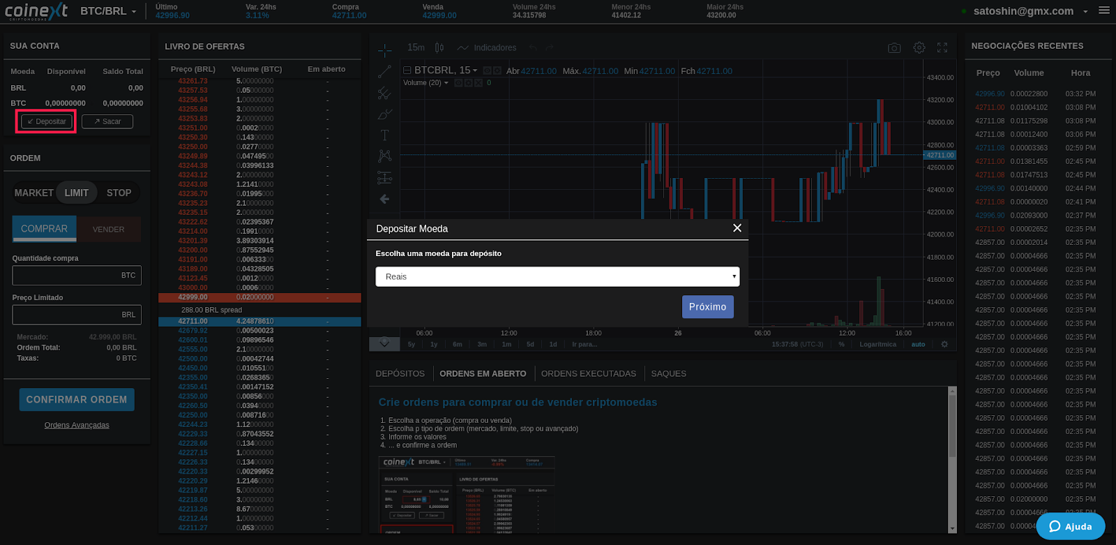 Interface plataforma Coinext - Depositar