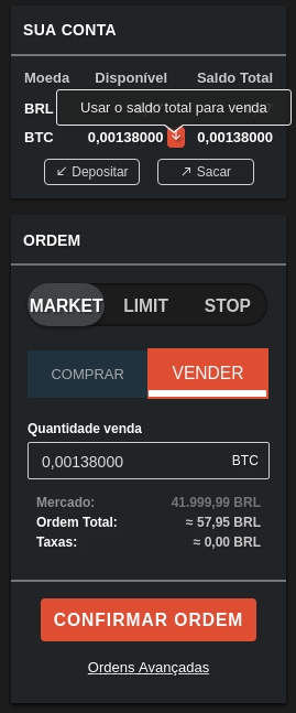 Interface plataforma Coinext - usar saldo para venda