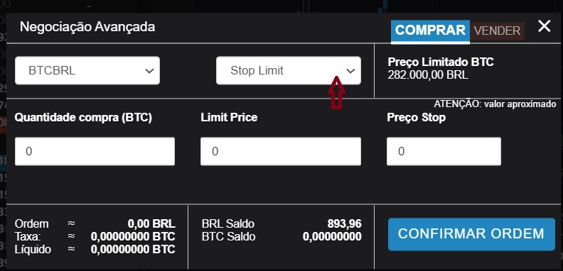 Captura de tela do Home Brocker Coinext. Como configurar o stop com limite de perda.