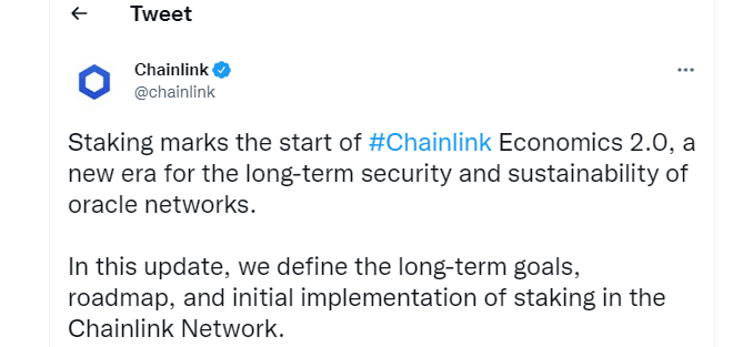 tweet sobre anúncio de Chainlink Staking